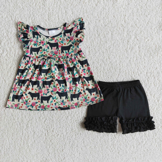 Promotion Baby Girl Short Sleeves Cow Floral Tunic Black Ruffle Shorts Summer Set RTS