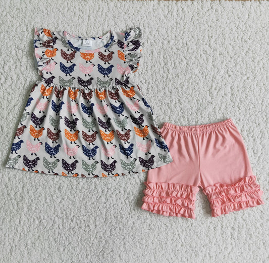 Promotion C5-11 Baby Girl Summer Chicken Pink Shorts Outfit