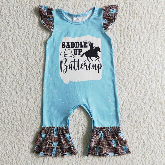 Promotion Baby Girl Short Sleeves Western Rodeo Summer Blue Romper