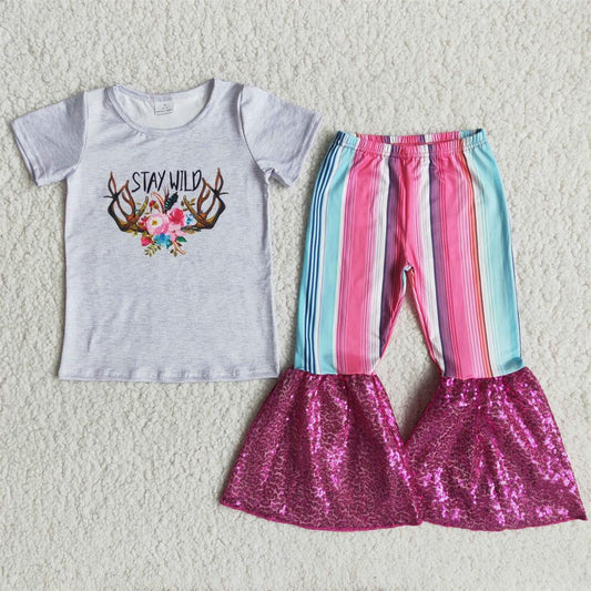 Promotion Baby Girl Short Sleeves Cow Shirt Stripes Sequins Bell Pants Outfit RTS