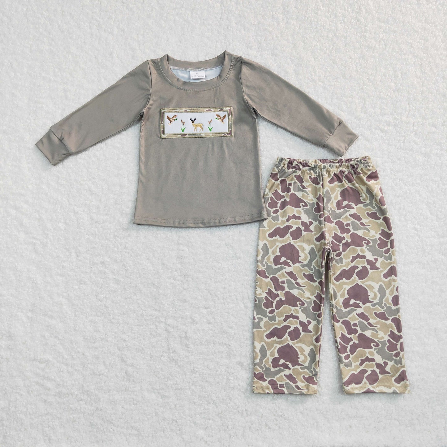 BLP0368 Baby Boy Long Sleeves Embroidery Ducks Reindeer Camo Pants Hunting Outfit