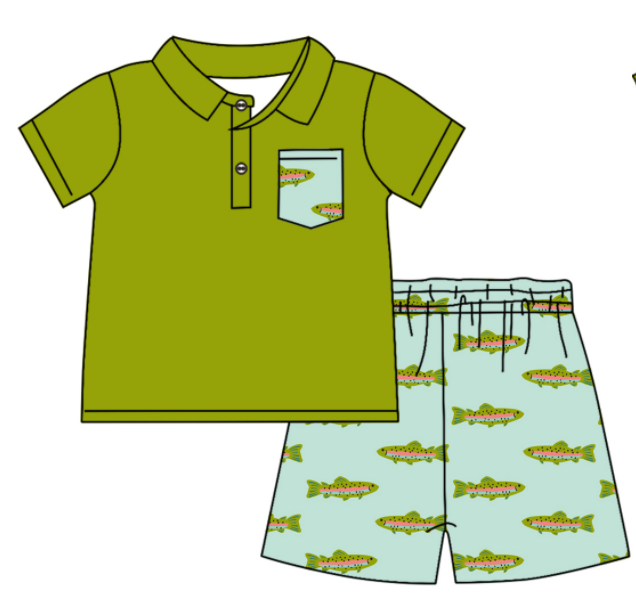 Baby Boy Girl Short Sleeves Fish Sibling Matching Dress Romper Green Clothes Set Moq 5 Each style