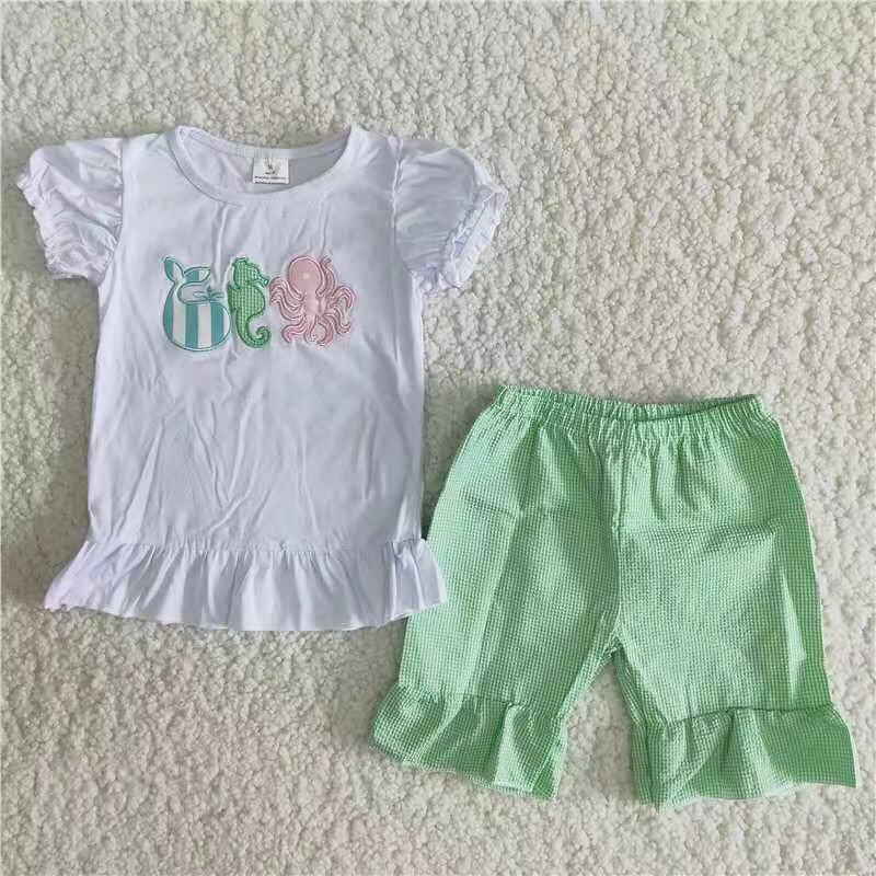 Promotion Baby Girl Short Sleeves Embroidery Shirt Green Shorts Summer Set