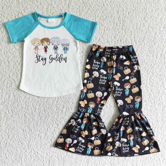 Promotion Baby Girl Short Sleeves Shirt Bell Pants Outfit RTS