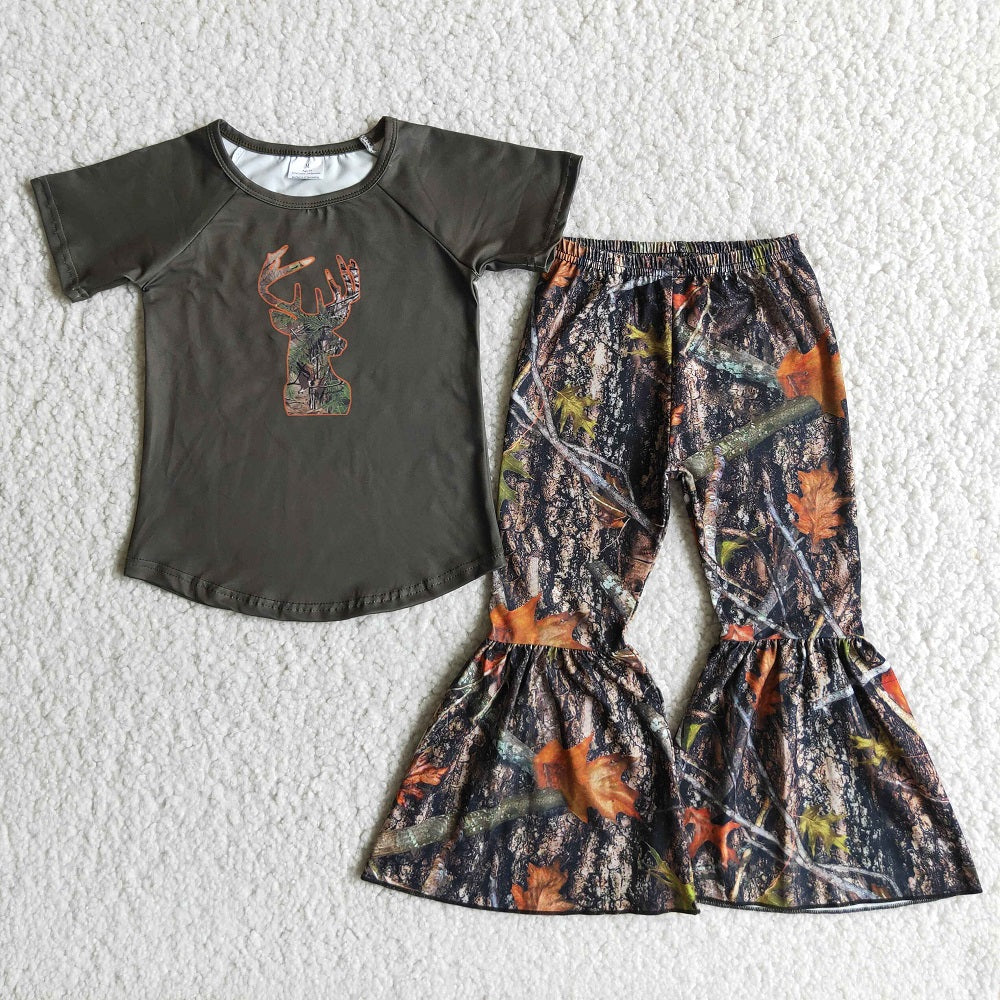 Promotion C6-6 Baby Girl Deer Shirt Camo Bell Pants Set