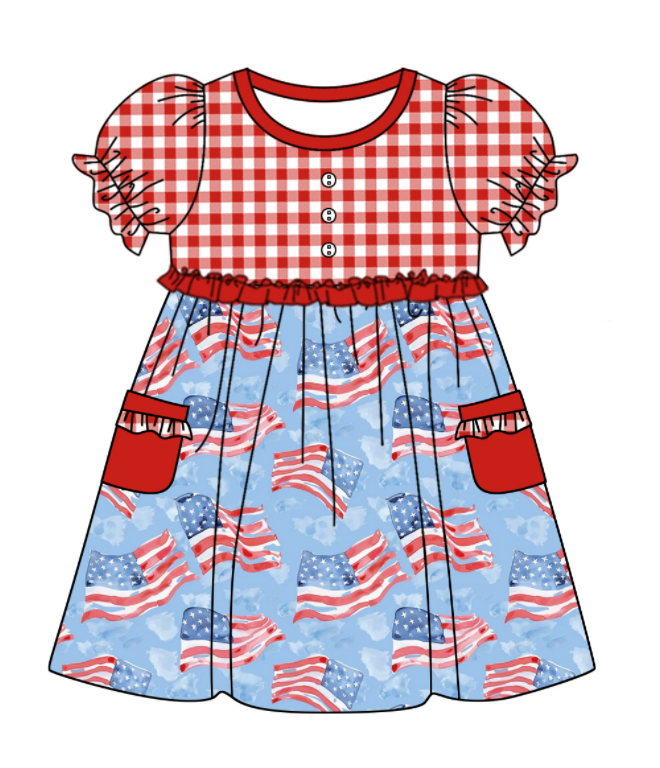 Baby Girl Short Sleeves July 4th Flags Plaid Sibling Romper Dress Clothes Set ( Moq 5 Each Design )11.26