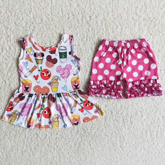 Promotion Baby Girl Sleeveless Tops Dots Shorts Summer Cartoon Set