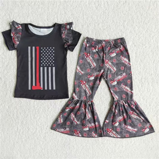 Promotion Baby Girl Fire Trucks Shirt Bell Pants Outfit