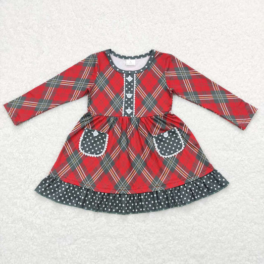 GLD0424 Baby Girl Christmas Plaid Long Sleeves Pocket Dress