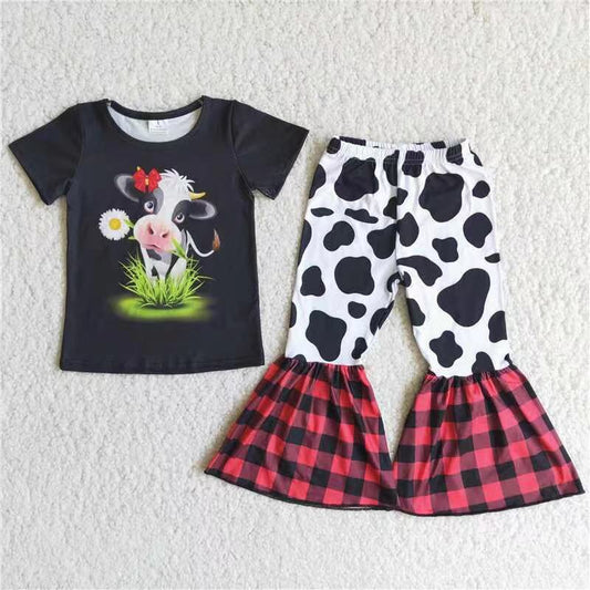 Promotion Baby Girl Short Sleeves Shirt Cow Print Bell Pants Outfit