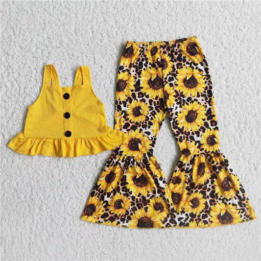 Promotion C8-22 Baby Girl Yellow Sunflower Bell Pants Set