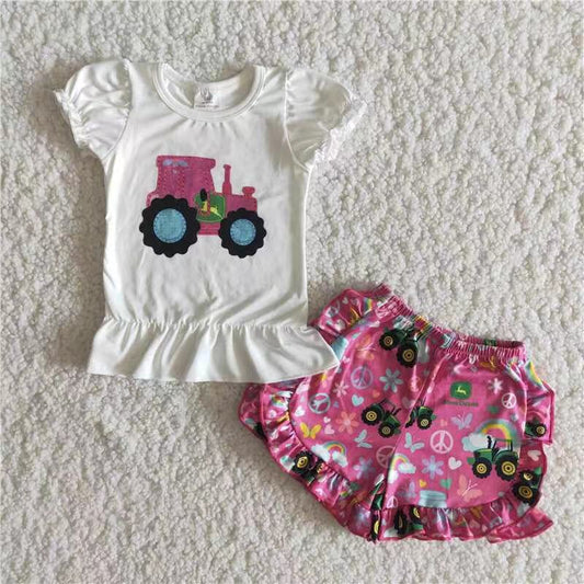 Promotion Baby Girl Short Sleeves Shirt Tractors Pink Shorts Summer Set