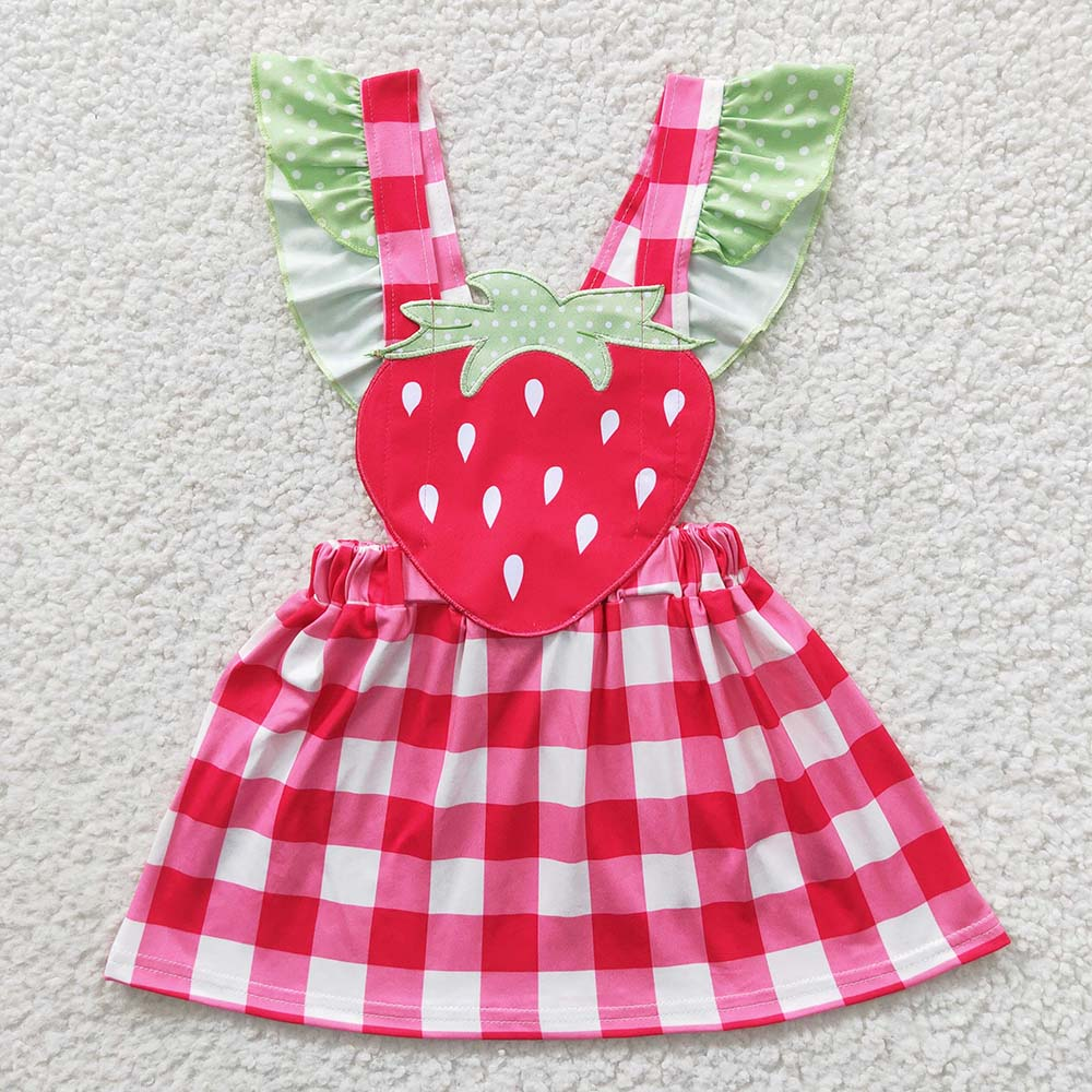 Promotion Baby Girl Short Sleeves Embroidery Strawberry Summer Checked Dress