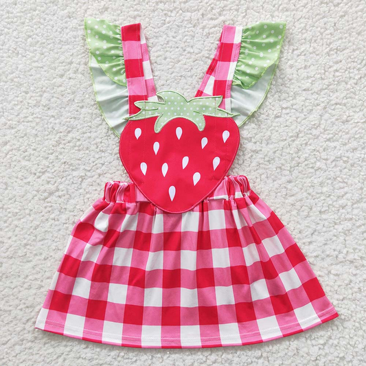 Promotion Baby Girl Short Sleeves Embroidery Strawberry Summer Checked Dress