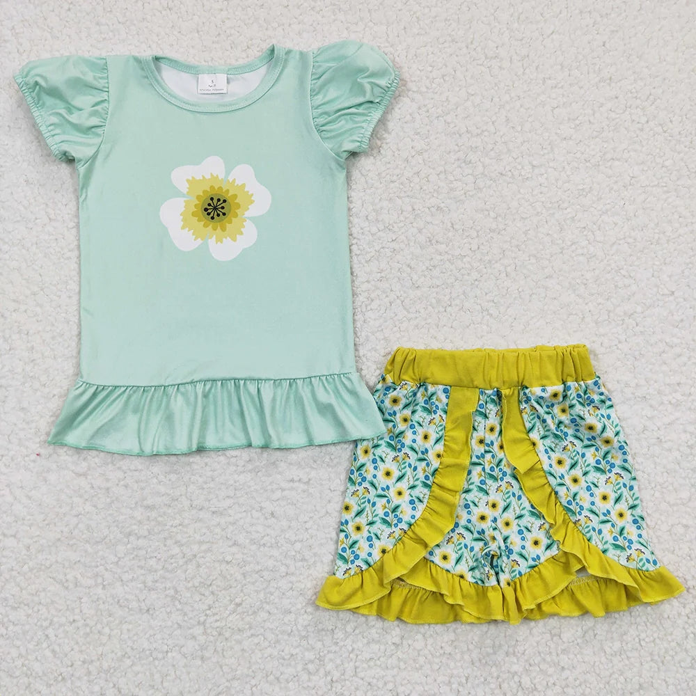 Promotion C9-2 Baby Girl Summer Green Short Sleeves Floral Shorts Outfit