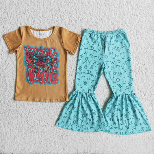 Promotion C9-22 Baby Girl Cattle Shirt Bell Pants Western Set