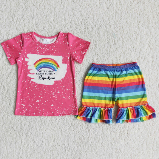 Promotion Baby Girl Summer Short Sleeves Rainbow Shirt Ruffle Stripes Shorts Outfit