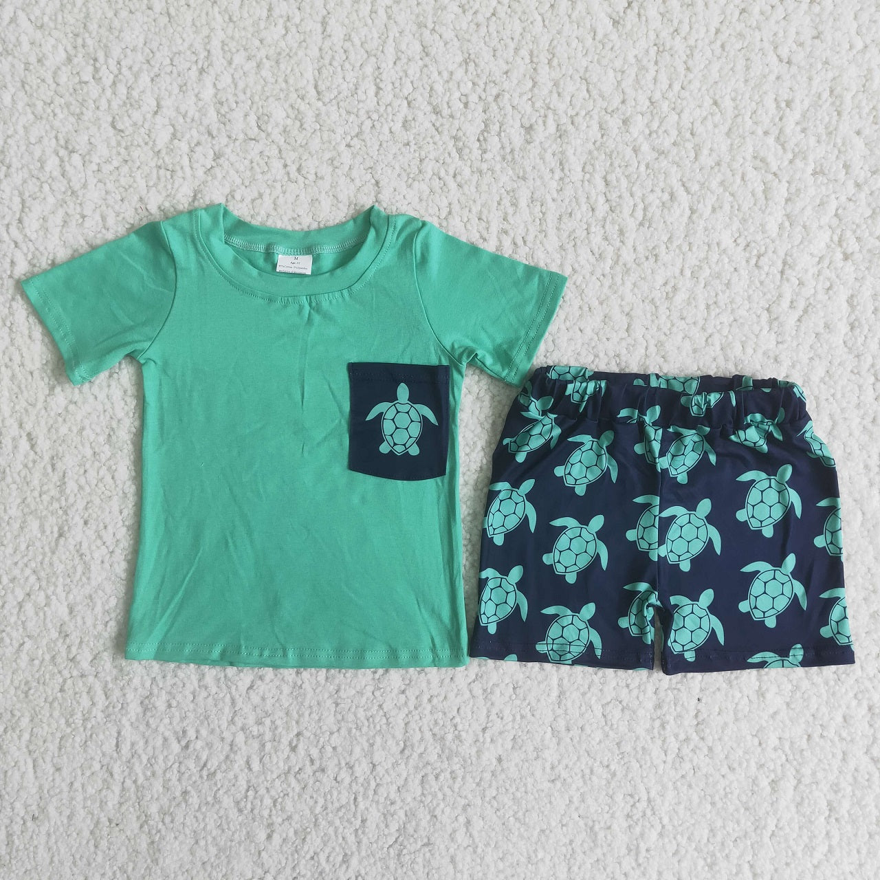 Promotion Baby Boy Short Sleeves Green Shirt Turtles Shorts Set