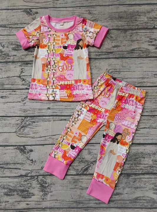 Baby Girl Short Sleeves Jesus Shirt Bell Pants Clothes Pajamas Set Moq 5