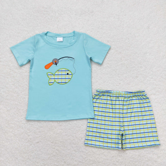 Baby Boy Short Sleeves Embroidery Fishing Shirt Plaid Shorts Summer Set