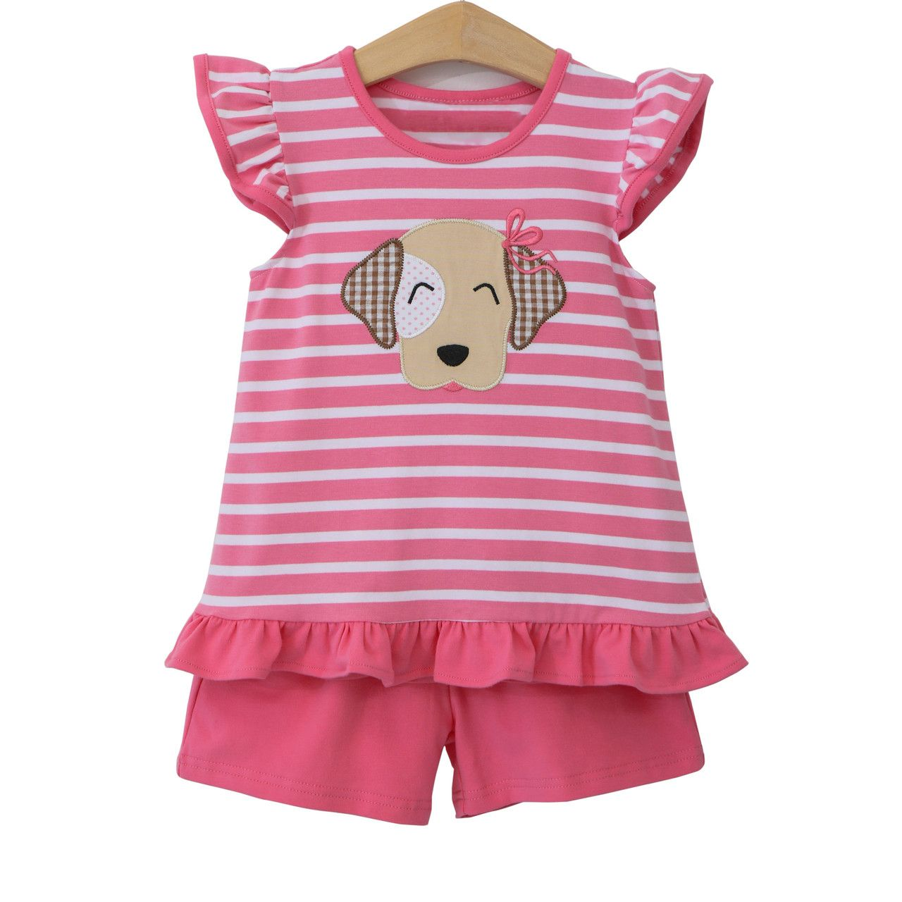 Moq 3 Pre-order GSSO0874 Baby Girls Dog Stripes Shirt Pink Shorts Summer Set