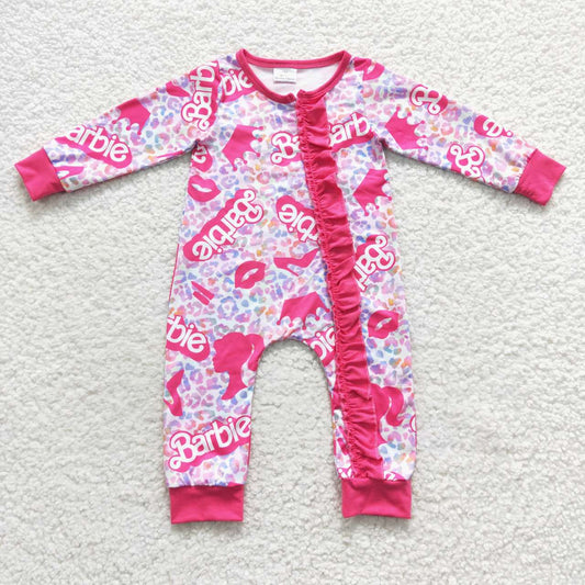 LR0481 Baby Girl Long Sleeves Zipper Leopard Pink Doll One Piece Birthday Romper