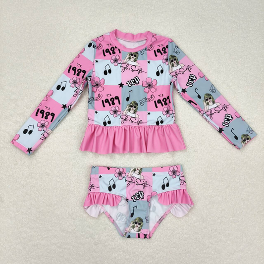 Baby Girl Singer Long Sleeves Flower Checkered Tops Shorts Pink Swimsuit