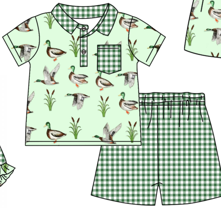 Baby Boy Girl Ducks Green Plaid Sibling Matching Green Dress Romper Clothes Set ( Moq 5 Each style )