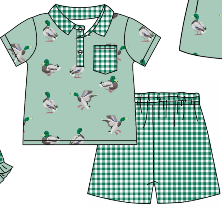 Baby Boy Girl Duck Green Plaid Bows Sibling Matching Dress Romper Clothes Set ( Moq 5 Each style )
