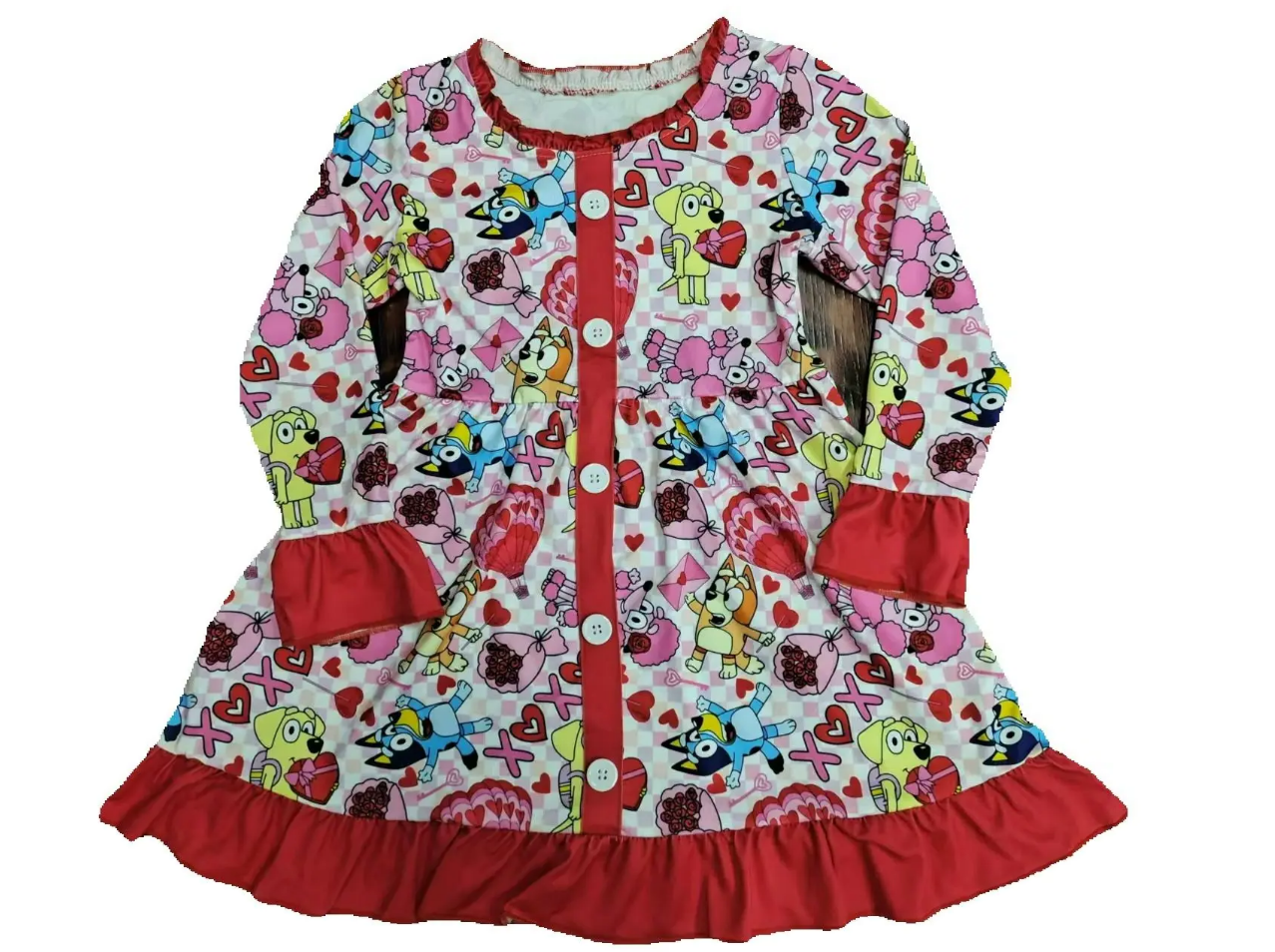Baby Girl Long Sleeves Valentines Dogs Hearts Knee Length Dress Moq 5