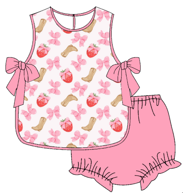 Baby Girl Strawberry Bows Boots Sibling Matching Dress Romper Pink Clothes Set ( Moq 5 Each style )