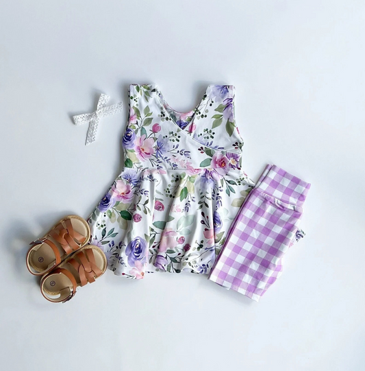 Moq 3 Pre-order GSSO0742 Baby Girl Sleeveless Floral Tunic Purple Plaid Shorts Summer Set