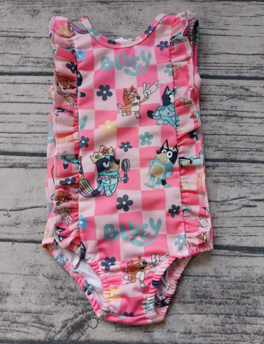 Baby Girl Dogs Flower Checkered Ruffle One Piece Swimsuit