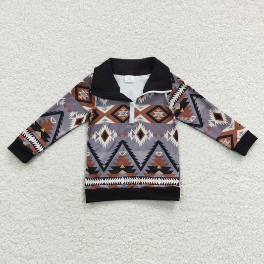 BT0230 Baby Boy Western Aztec Long Sleeves Zipper Shirt