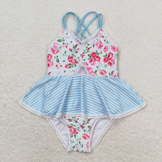 Baby Girl Sleeveless Floral Stripes One Piece Swimsuit