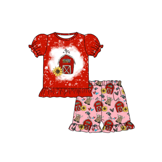 Moq 3 Pre-order GSSO0940 Baby Girl Red Short Sleeves Shirt Farm Cow Flower Shorts Summer Set