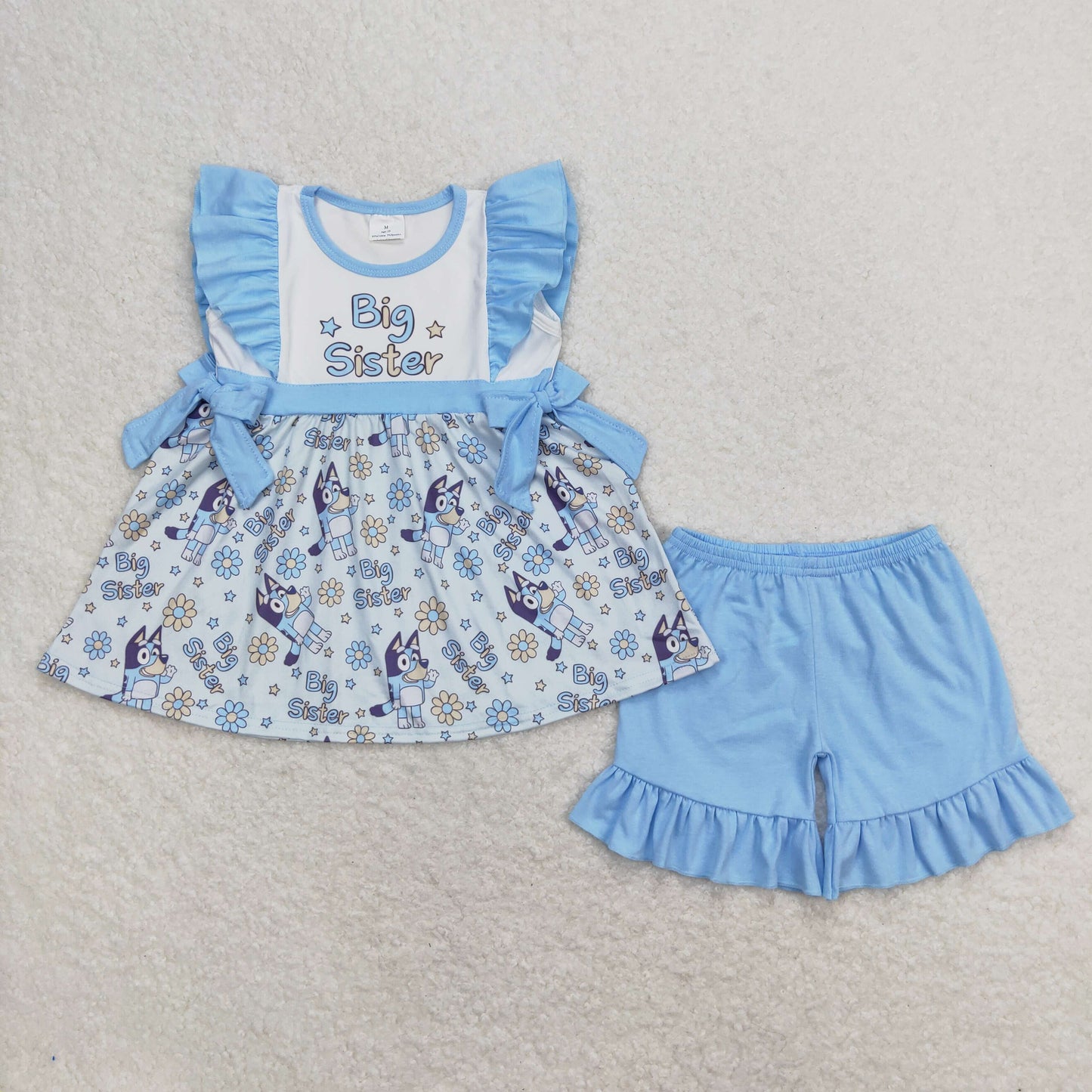 Baby Girl Big Sister Tunic Blue Shorts Dogs Floral Summer Set