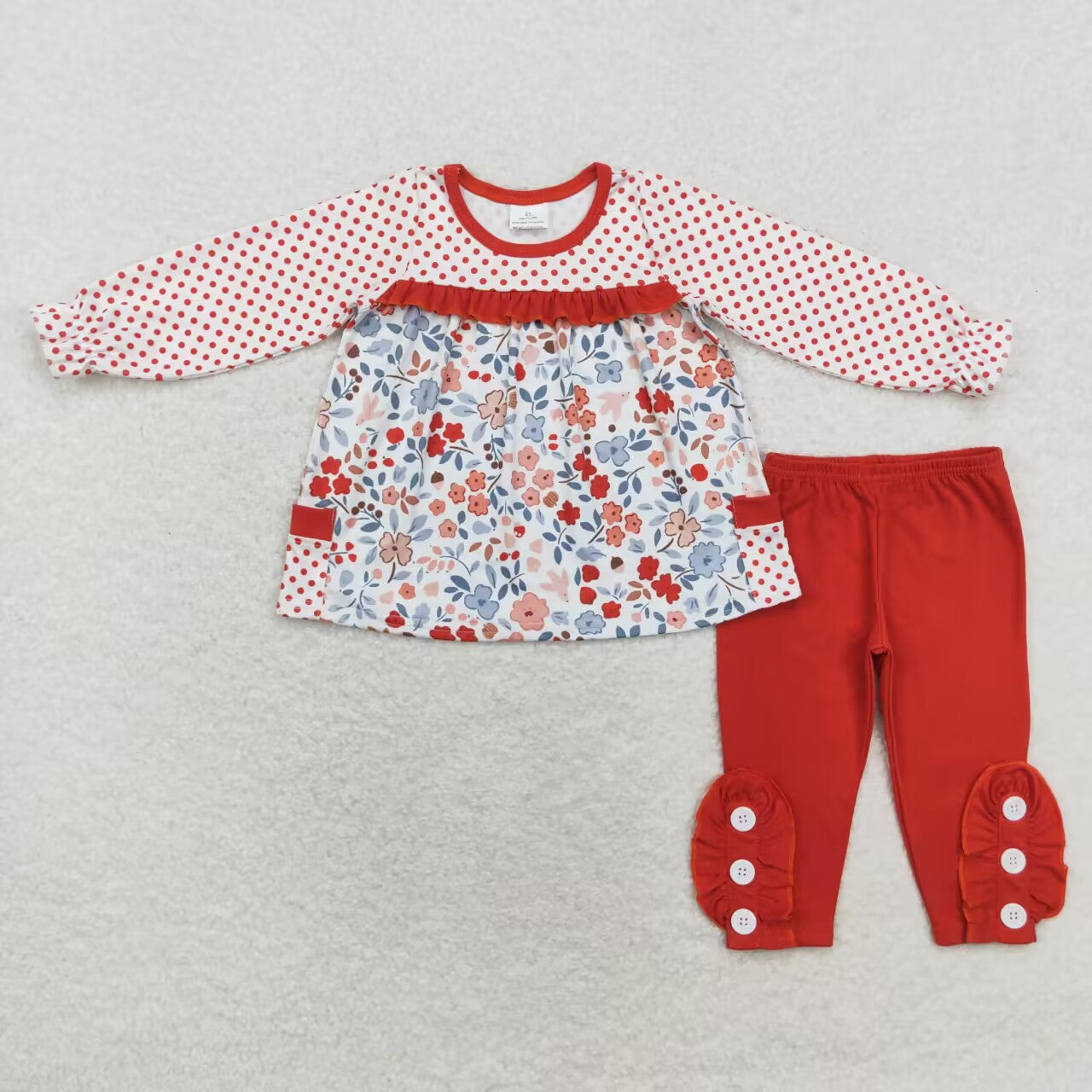 Baby Girl Long Sleeves Flower Pocket Tunic Red Cotton Pants Set