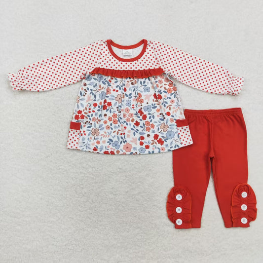 Baby Girl Long Sleeves Flower Pocket Tunic Red Cotton Pants Set