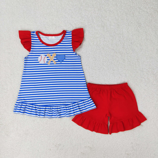 Baby Girl Embroidery Baseball Blue Stripes Tops Red Shorts Set