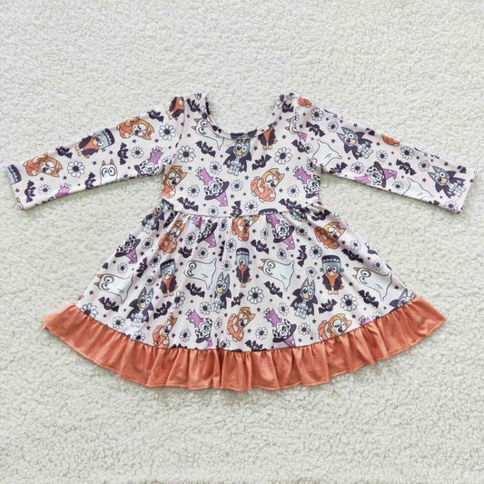 GLD0216 Halloween Baby Girl Long Sleeves Dogs Floral Dress