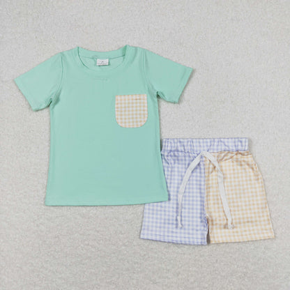 Baby Boy Green Short Sleeves Pocket Shirt Plaid Shorts Set