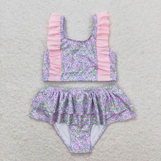 Baby Girl Sleeveless Floral Purple Tops Bummie Shorts Swimsuit