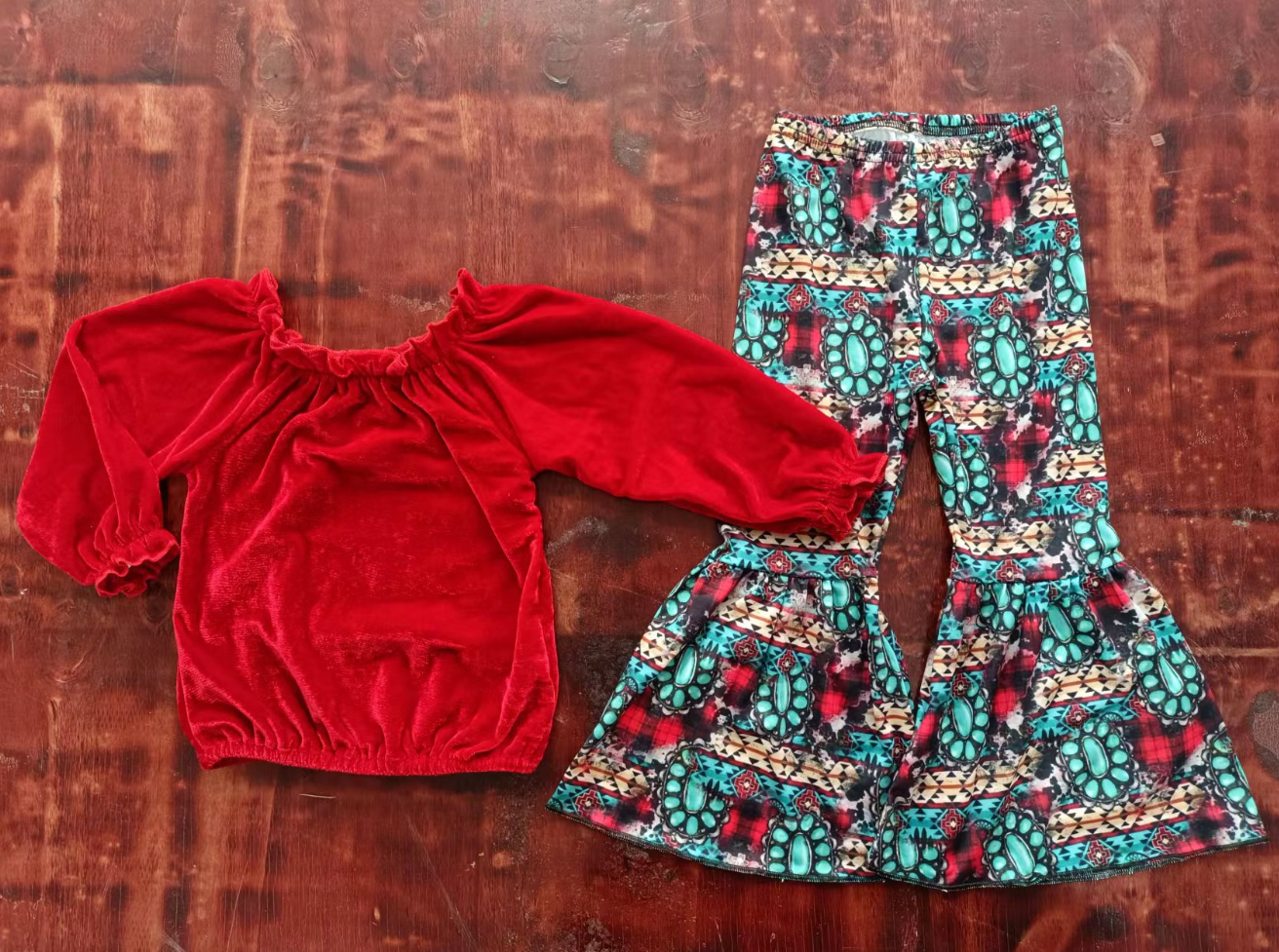 Baby Girl Long Sleeves Velvet Red Tops Bell Pants Outfit Moq 5