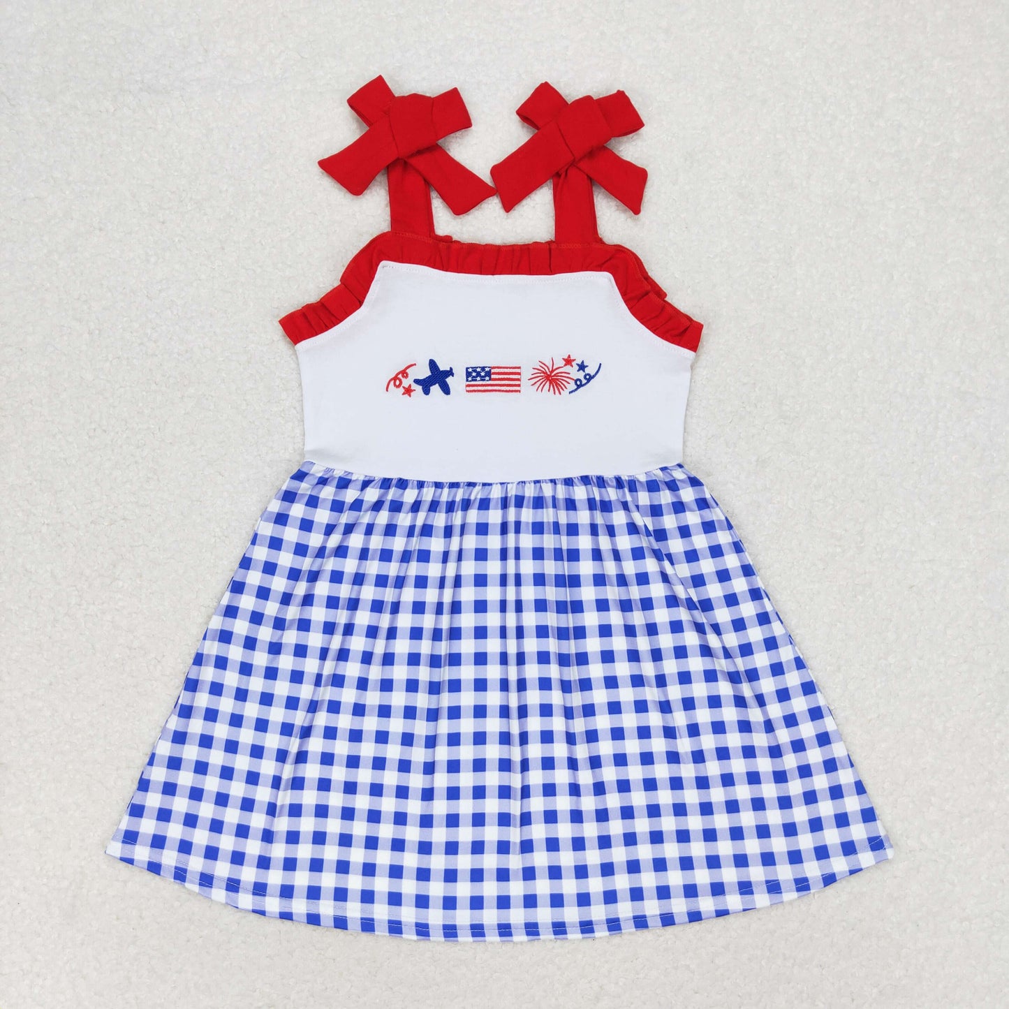 Baby Girl Sleeveless Embroidery Flag Blue Plaid July 4th Dress