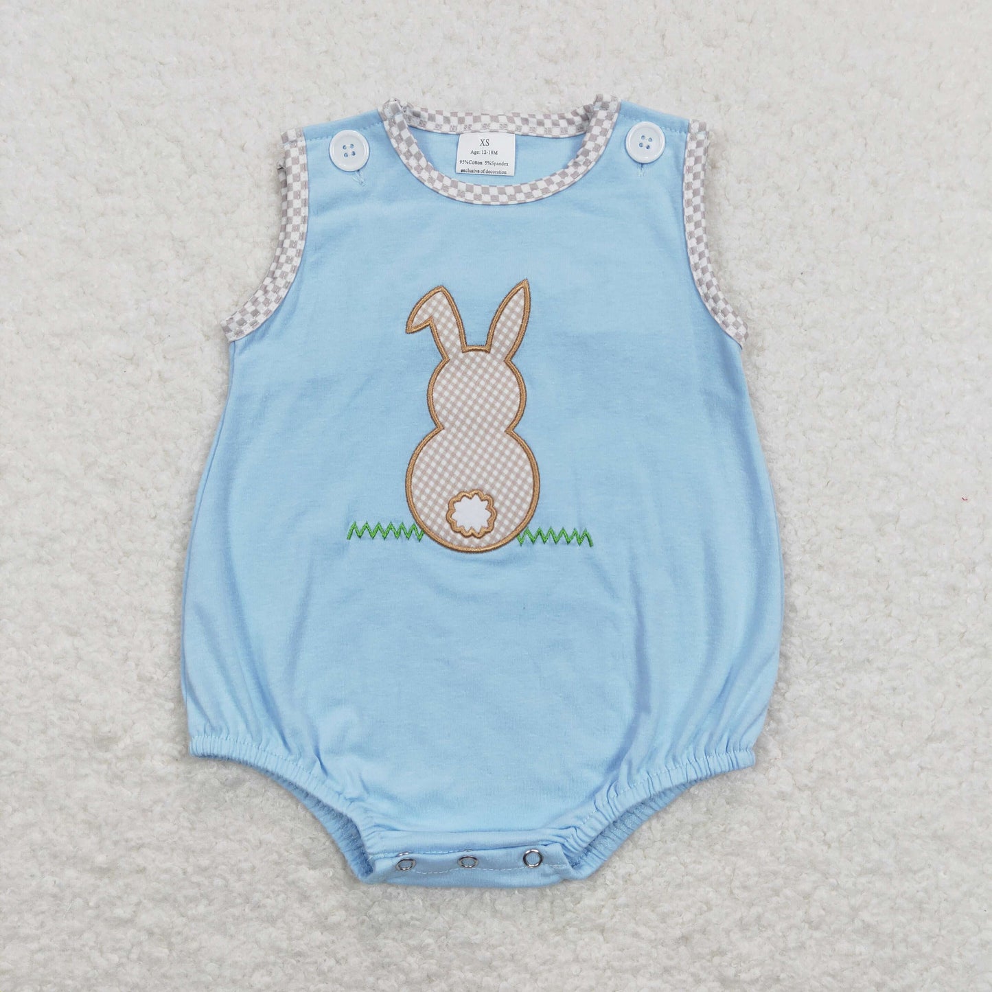 SR0541 Baby Boy Easter Sleeveless Embroidery Rabbit Blue Cotton Romper