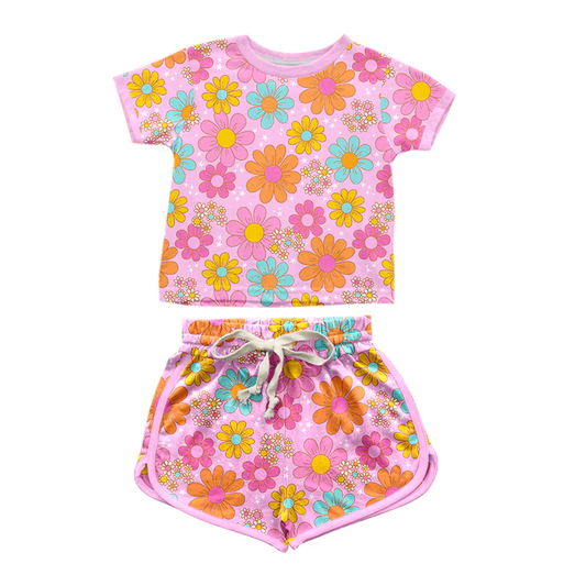 Pre-order Baby Girl Short Sleeves Flower Shirt Short Pink Set