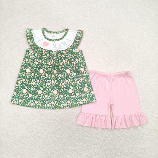 Baby Girl Short Sleeves I Love Mama Flower Tunic Pink Shorts Set