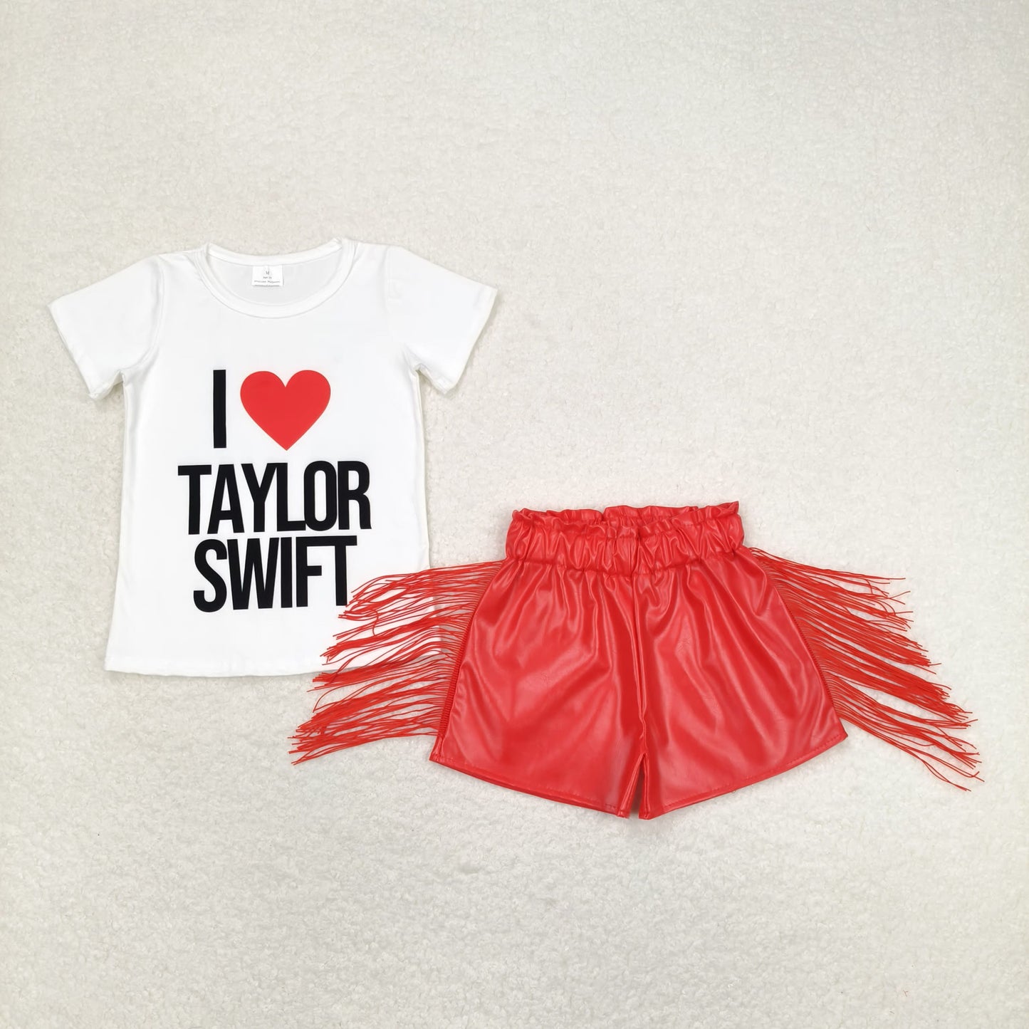 Baby Girl Short Sleeves Singer Shirt Red Leather Shorts Set