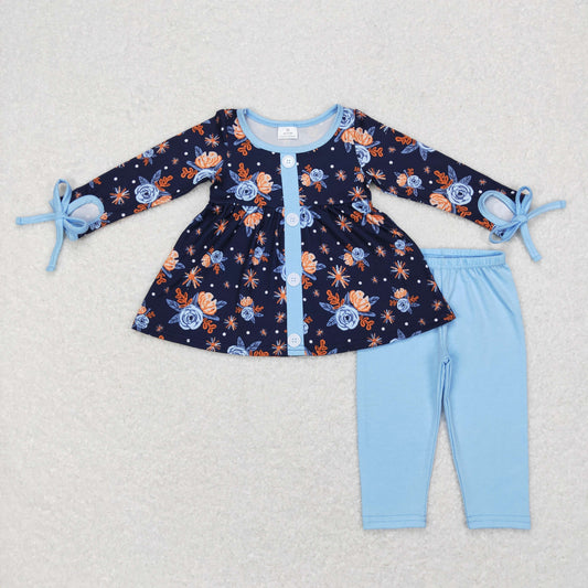 GLP0756 Baby Girl Floral Long Sleeves Flower Tunic Blue Cotton Pants Outfit